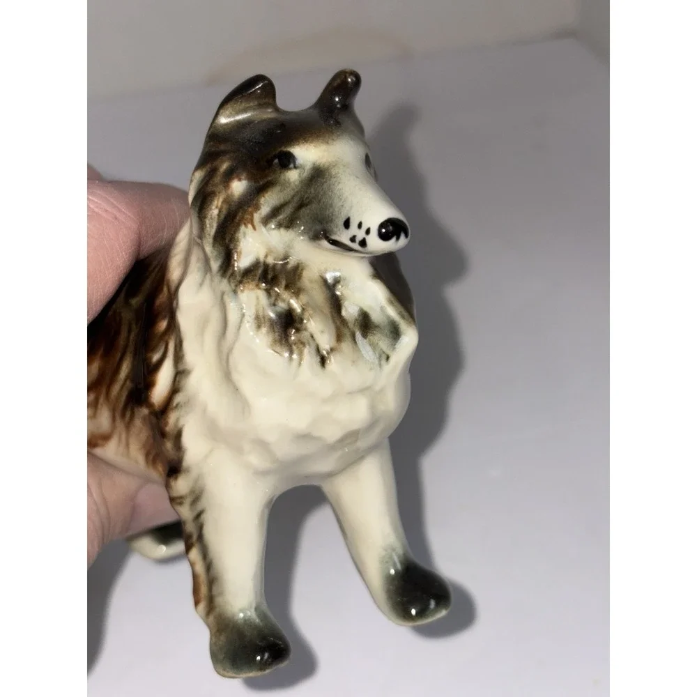 Vintage  Ceramic Porcelain  Border Collie Dog Figurine Trio Black Brown White